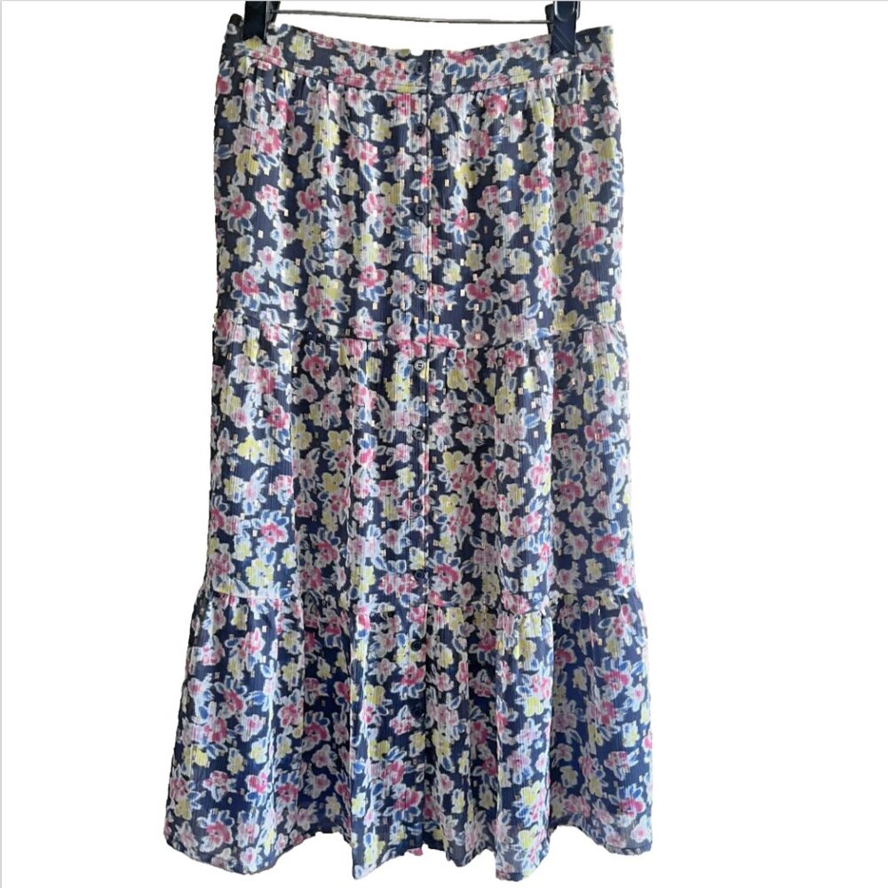 Loft Petite Medium Floral Midi Skirt Pull On Elastic Waist with Buttons Ditzy